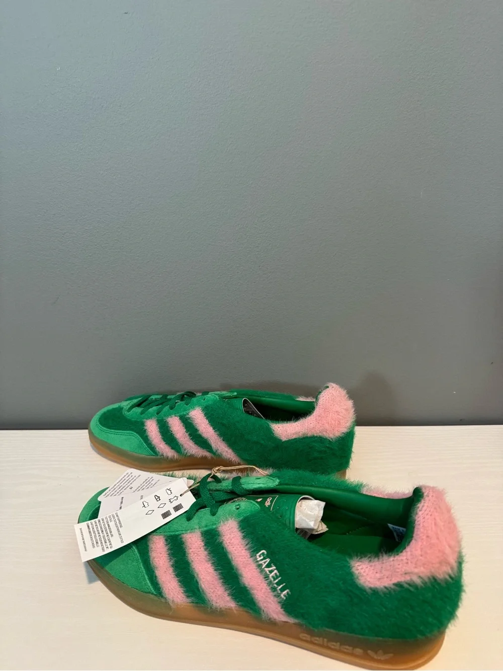 adidas Green with Pink Stripe Fuzzy Gazelle Sneakers